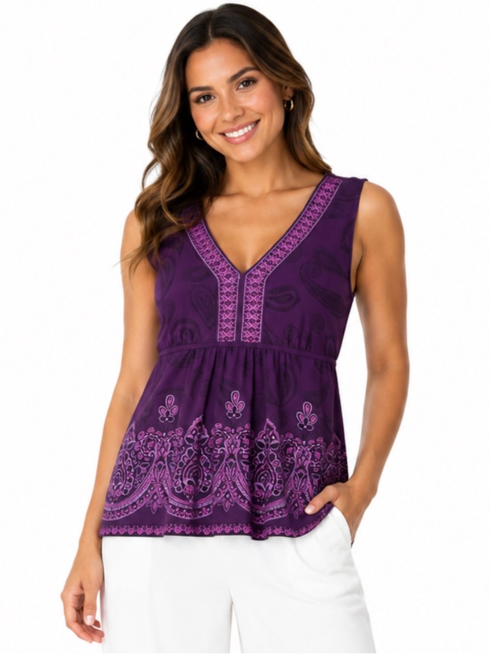 APT. 9 Womenās Purple Paisley Sleeveless V-Neck Empire Waist Top Size Medium